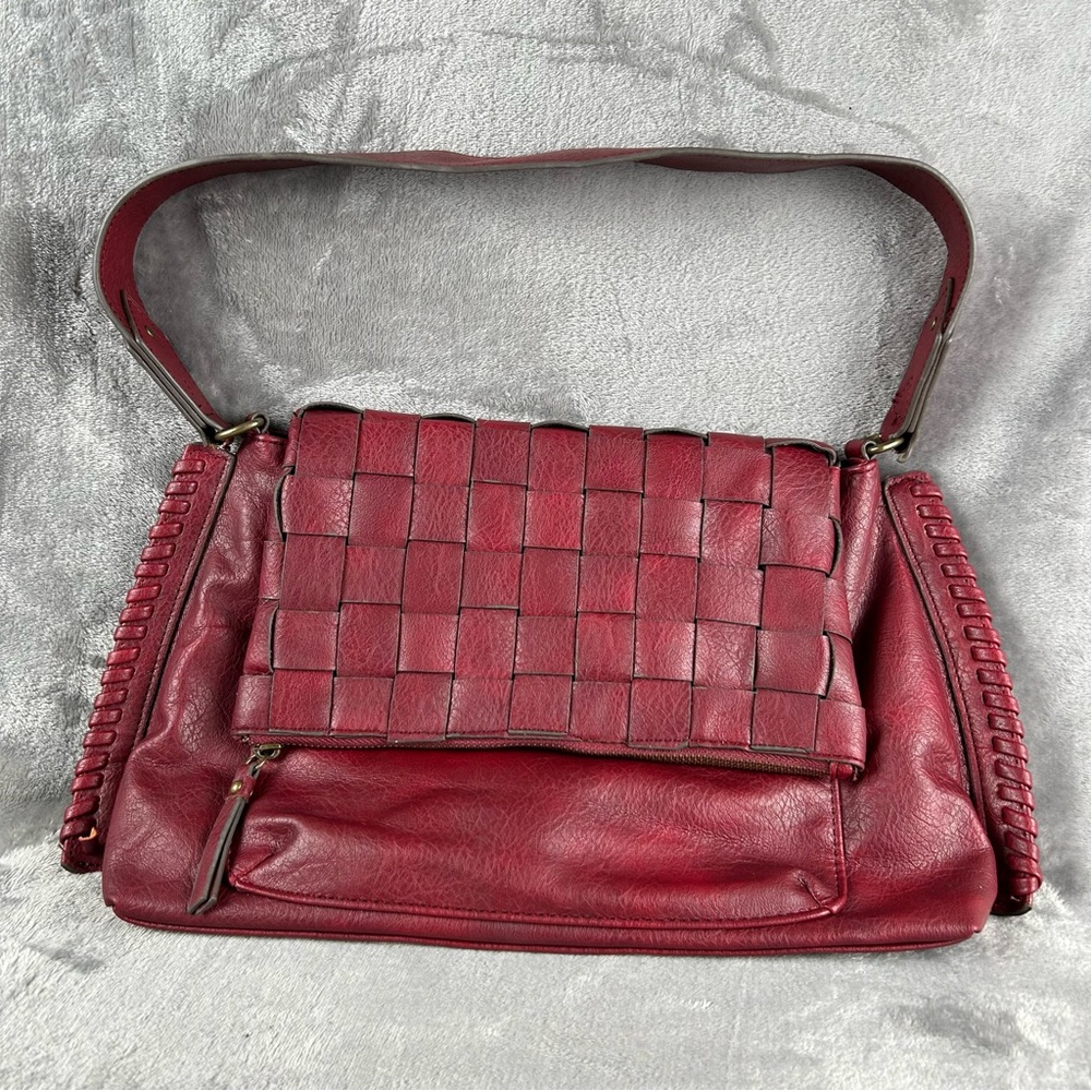Y2K Style Red‎ Vegan Leather Shoulder Bag Woven Front Braided Seam Hobo Style